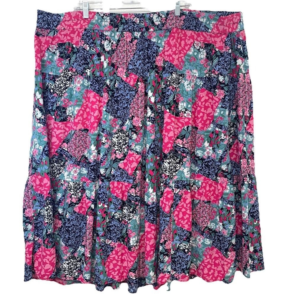 Ulla Popken Floral Midi Skirt Elastic Waist Pull On 28/30‎ Tiered Full Office